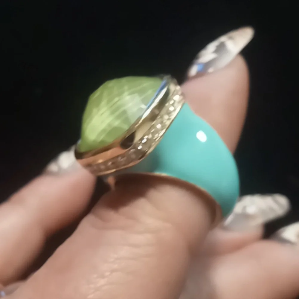 Kenneth jay Lane Teal enamel ring gold tone multi faceted Lucite gem. Statement